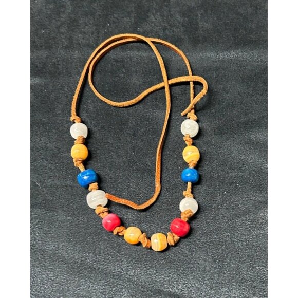 Agate Stone Long Necklace Multi color White Red Blue Dyed Agate on Leather Stran - Picture 3 of 3